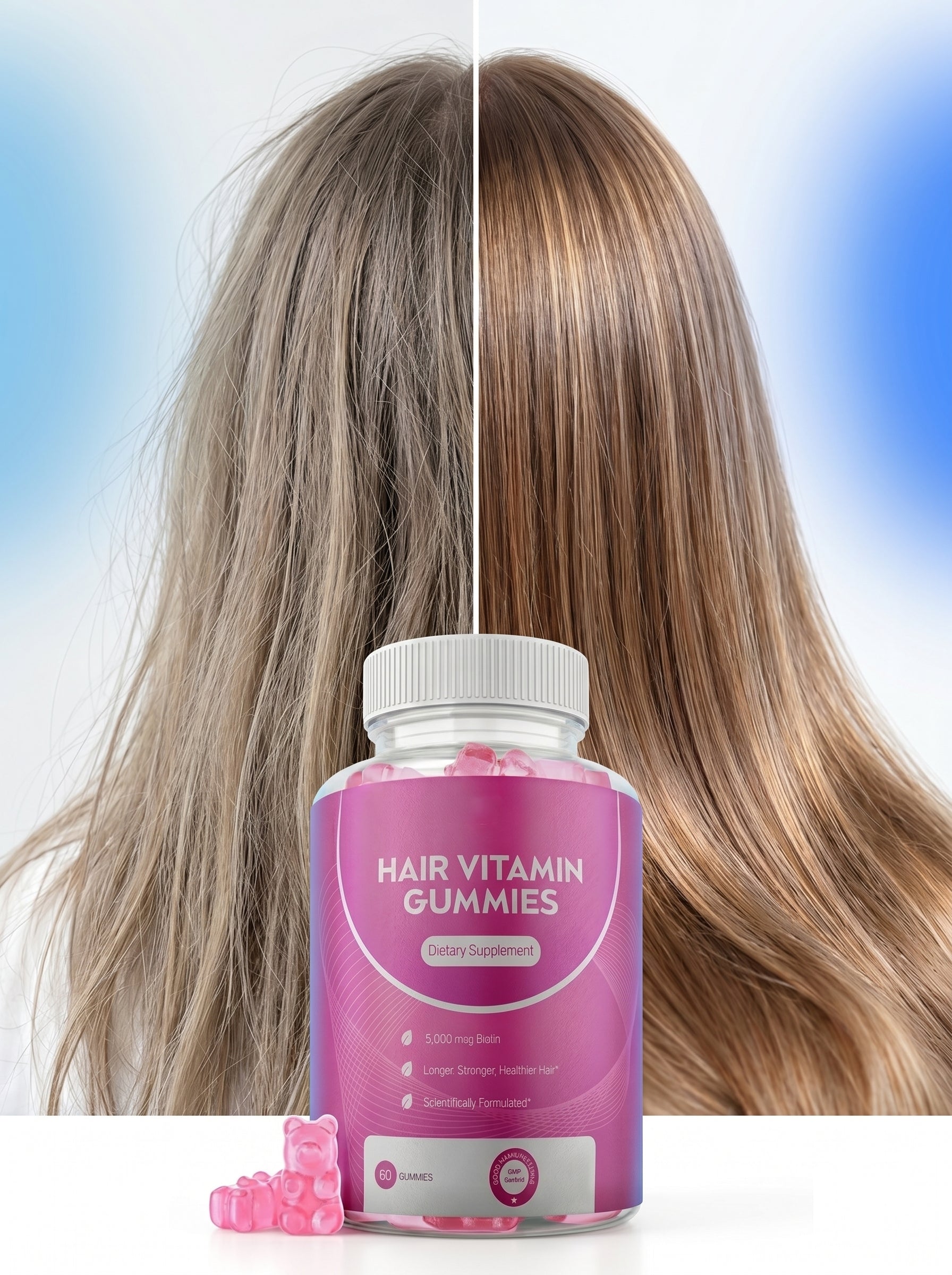 Close-up of SilkBloom Gummies bottle label showing 60 count and biotin strength